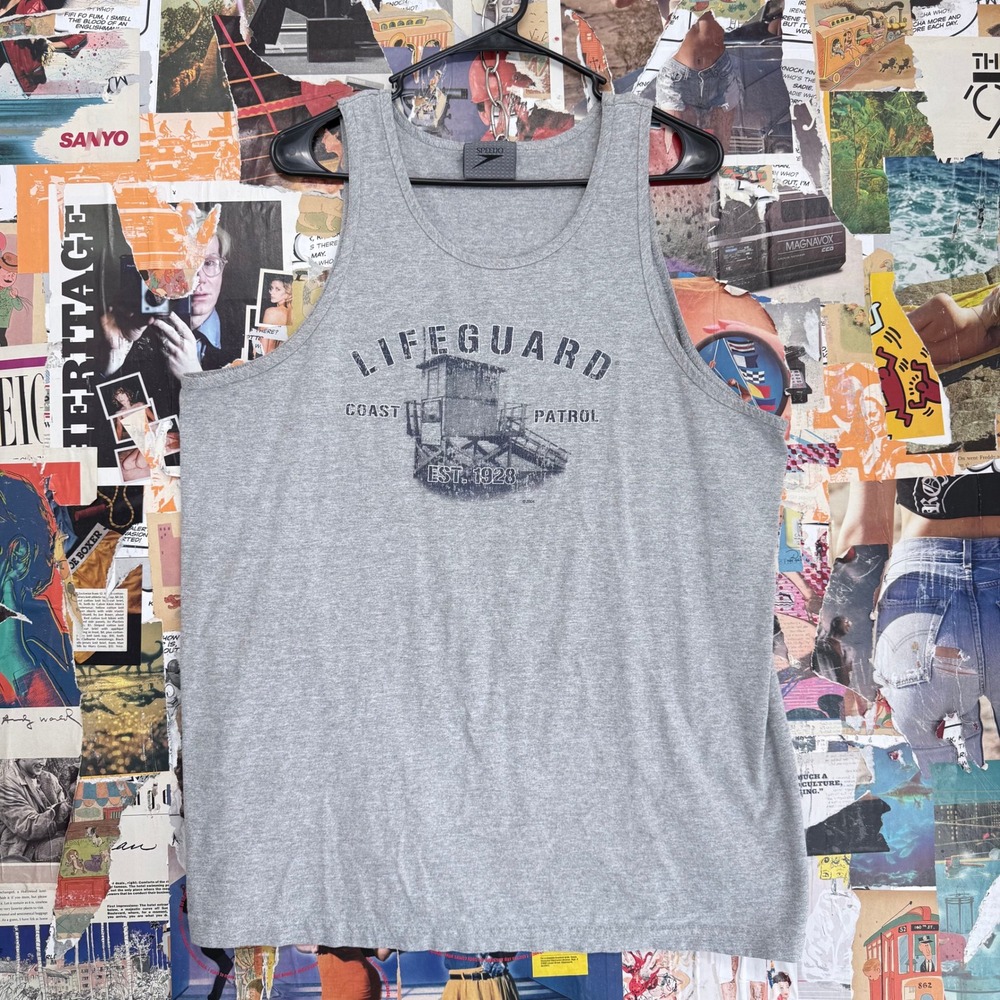 Y2K Speedo Lifeguard Coast Patrol Tank Top Gray Graphic T‎ Shirt Men's M